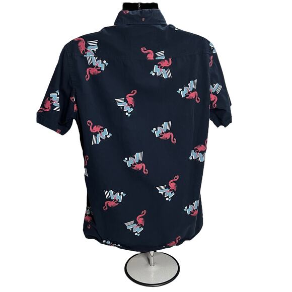 Flamingo Print XL Broken Threads Men’s Short Sleeve Button-Up Shirt Navy Blue - Picture 2 of 11
